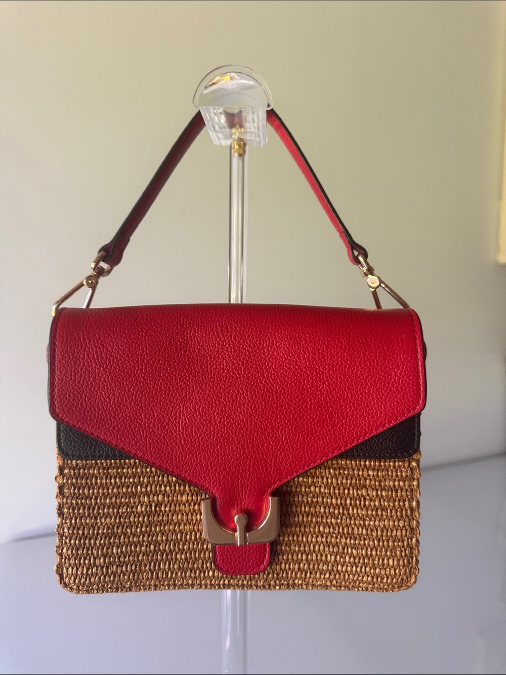 Coccinelle Ambrine Bag Red Leather Rattan with Shoulder Strap and Scarf - Picture 3 of 16